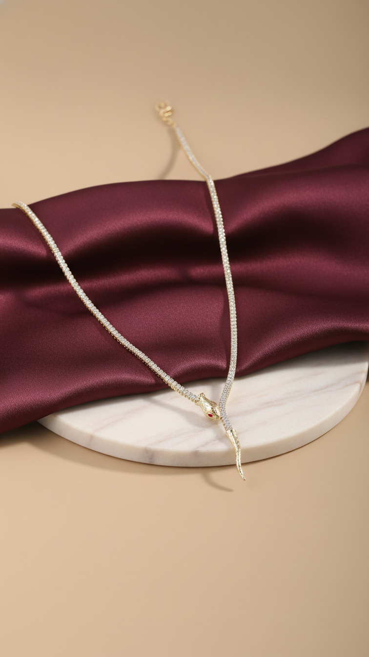 18kt Gold Polish Necklace with Snake & Diamond Anti-Tarnish & Anti-Allergic for Girls