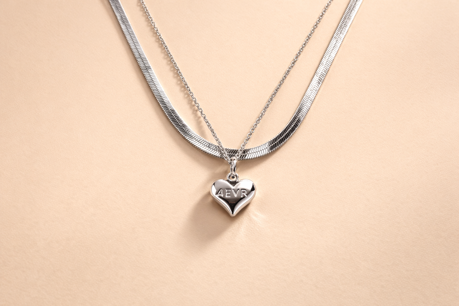 Stainless Steel Silver Polish with Necklace with Two Layered Chain & Heart Pendant Anti-Tarnish & Anti-Allergic for Girls