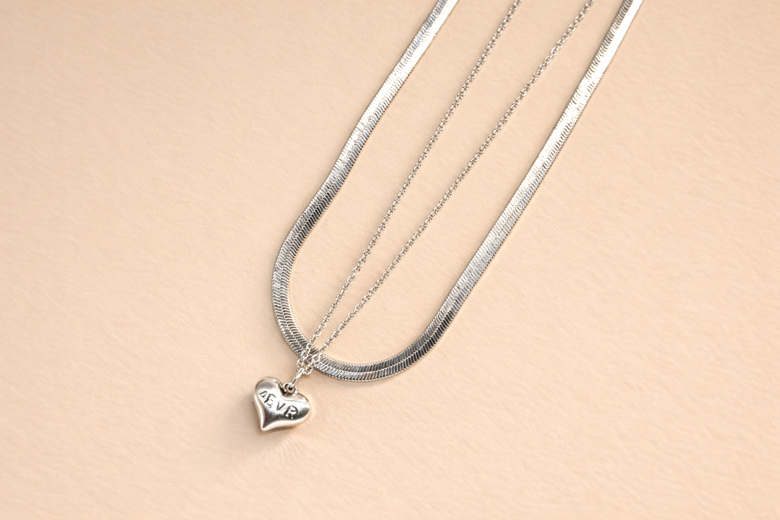 Stainless Steel Silver Polish with Necklace with Two Layered Chain & Heart Pendant Anti-Tarnish & Anti-Allergic for Girls