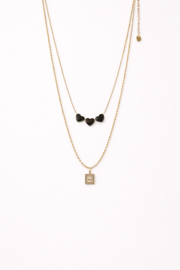 Fancy Necklace with Two Layered Chain & Black Heart for Women – 18K Gold Plated
