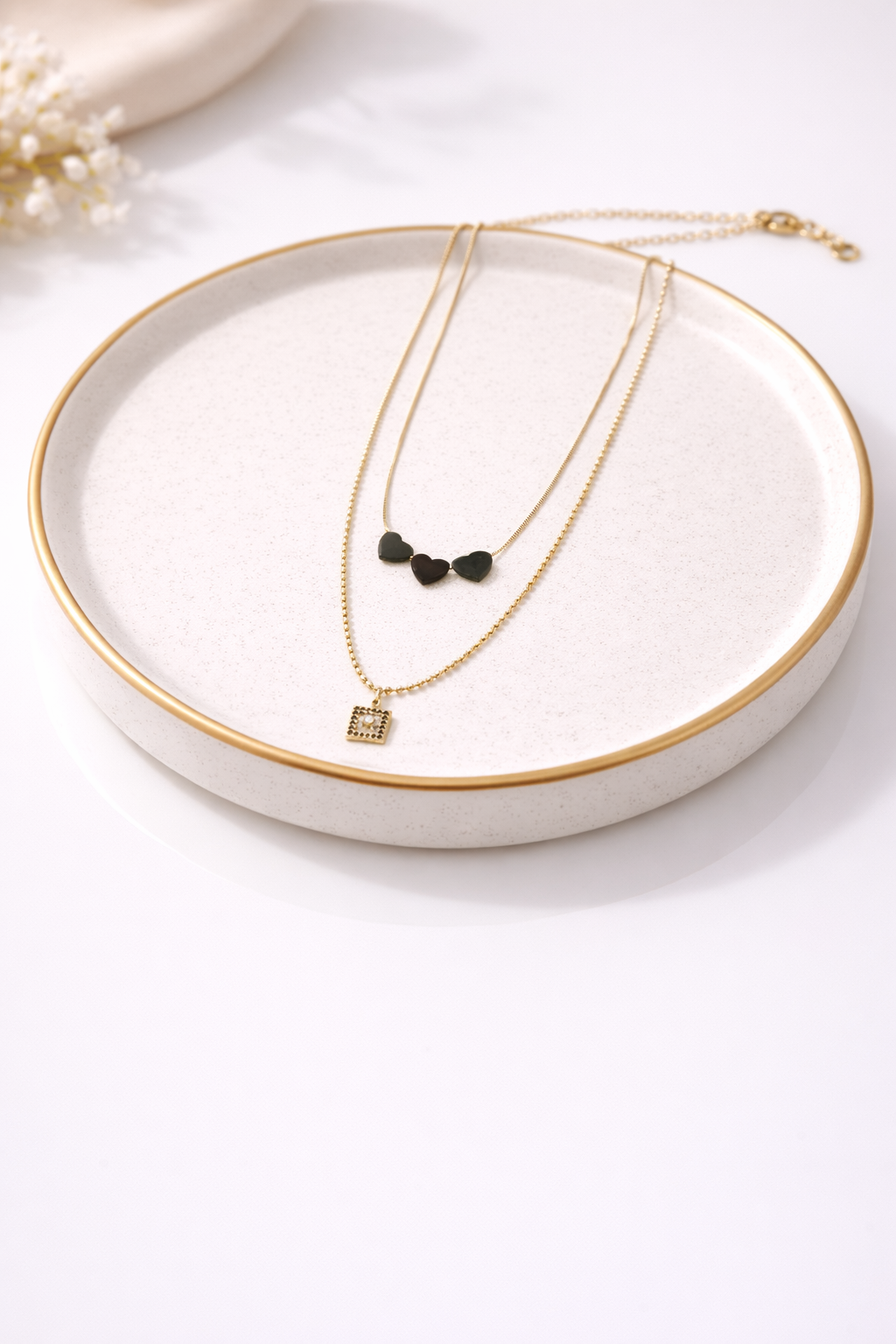 18kt Gold Polish Fancy Necklace with Two Layered Chain & Black Heart Anti-Tarnish & Anti-Allergic for Girls