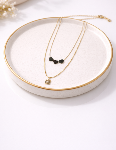 18kt gold polish fancy necklace with two layered chain & black heart anti tranish anti allergic for girls
