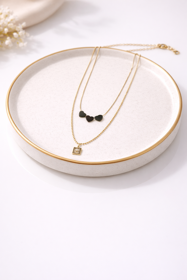 Fancy Necklace with Two Layered Chain & Black Heart for Women – 18K Gold Plated
