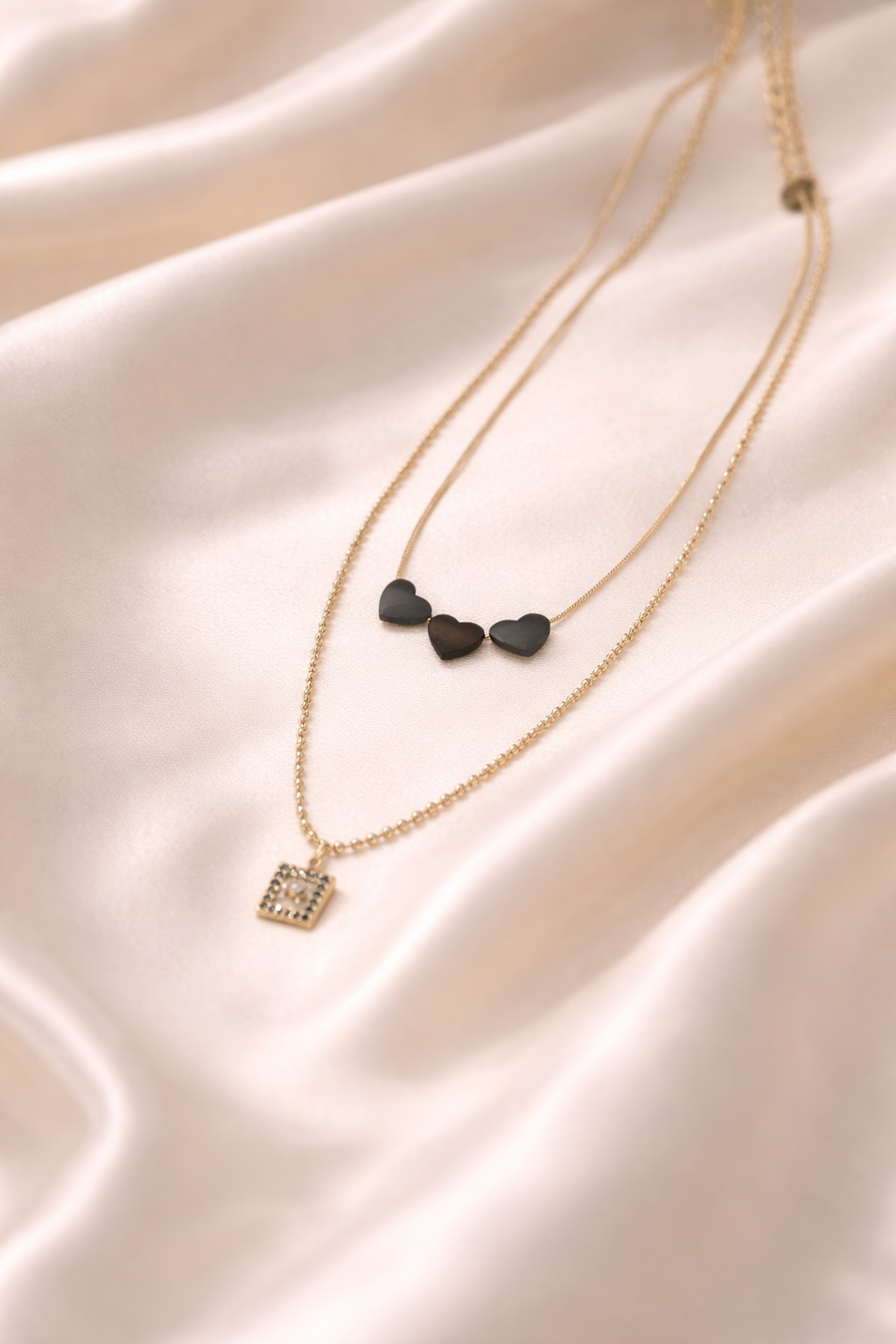 18kt Gold Polish Fancy Necklace with Two Layered Chain & Black Heart Anti-Tarnish & Anti-Allergic for Girls