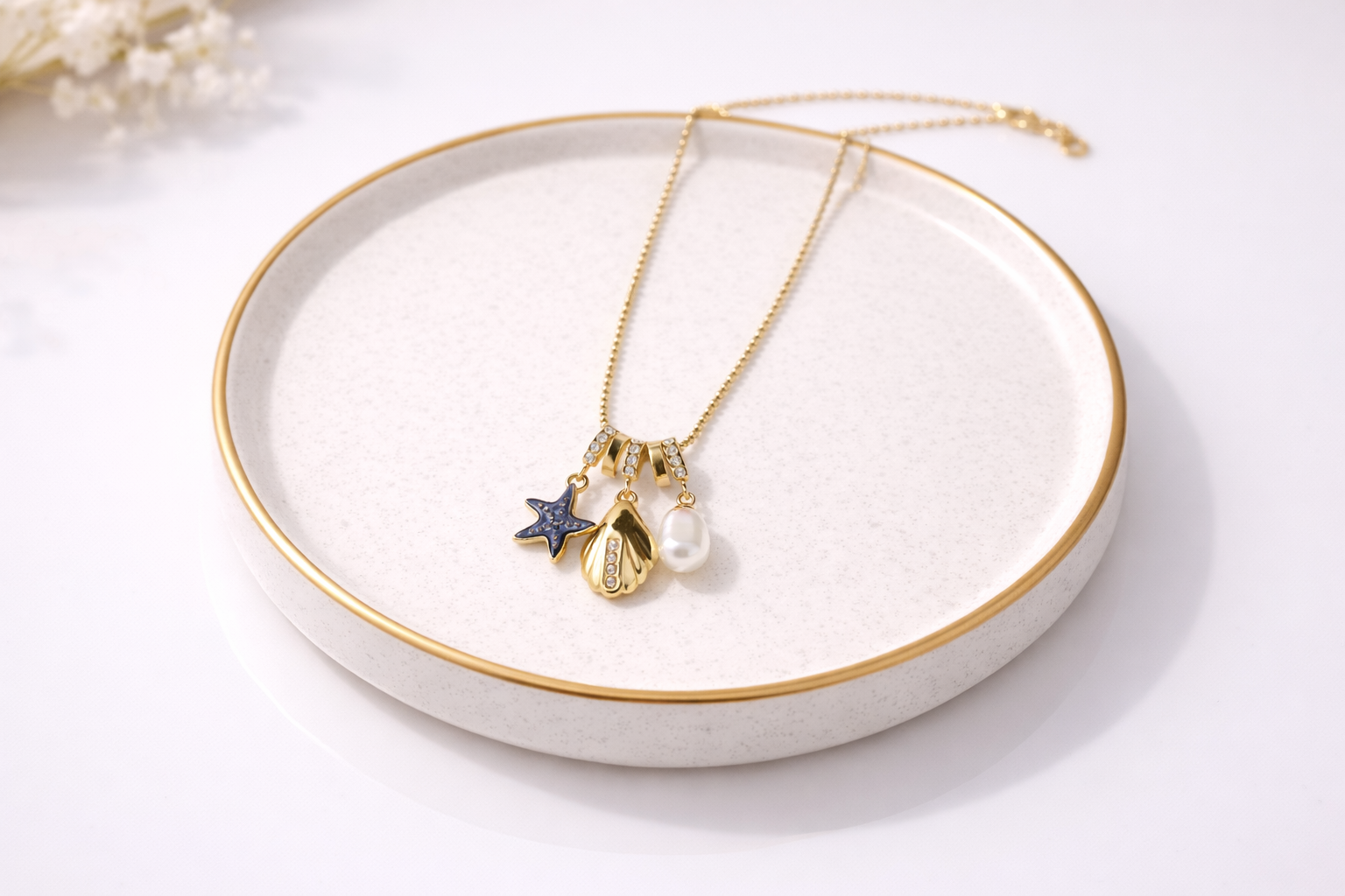 18kt Gold Polish Necklace with Shell, Pearl, Star Pendant Anti-Tarnish & Anti-Allergic for Girls