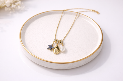 18kt gold polish neclace with shell,pearl,star pendant anti tranish anti allergic for girls