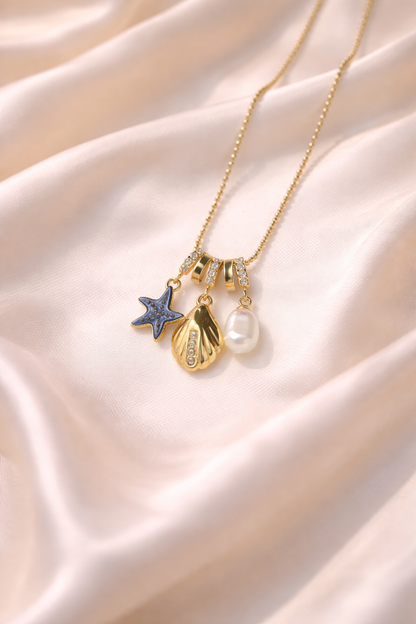 18kt gold polish neclace with shell,pearl,star pendant anti tranish anti allergic for girls