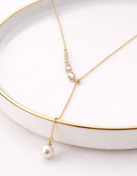18 carat gold polish necklace with Y shaped & pearl pendant anti tranish anti allergic for girls