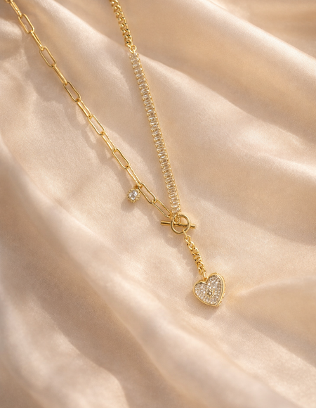 18kt gold polish necklace with diamond heart pendant anti tranish anti allergic for girls
