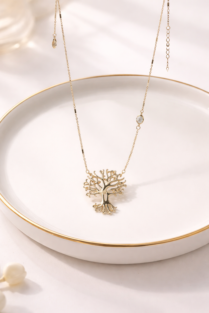 18 carat gold polish necklace with tree pendant anti tranish anti allergic for girls