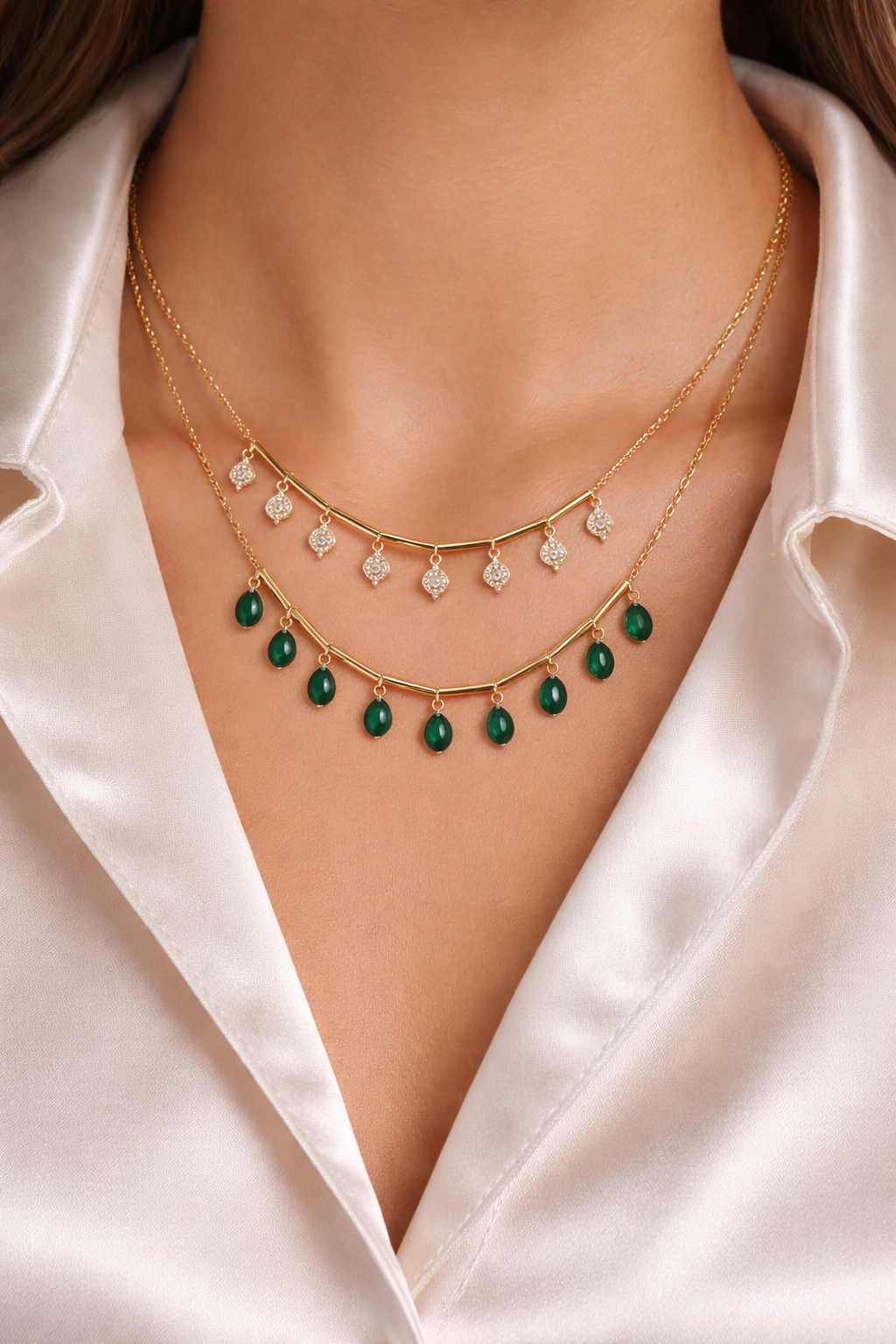 18kt Gold Polish Necklace with Swarovski Stone & Green Emerald Anti-Tarnish & Anti-Allergic for Girls