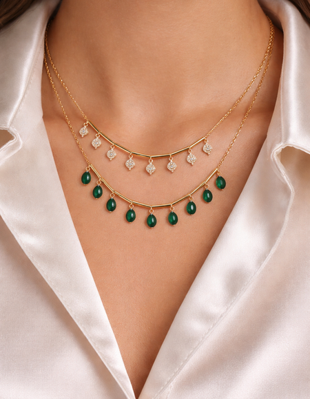 18 carat gold polish necklace with swarovski stone & green emberal anti tranish anti allergic for girls