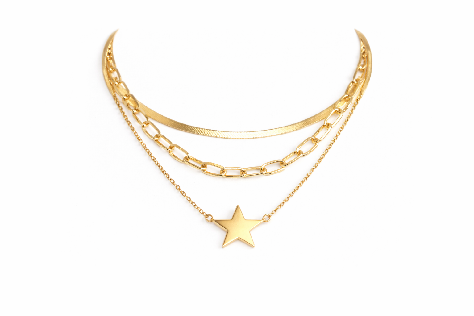 18kt Gold Polish Multi Layered Necklace with Star Pendant Anti-Tarnish & Anti-Allergic for Girls