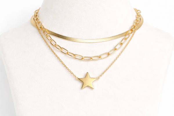 Multi Layered Necklace with Star Pendant for Women – 18K Gold Plated