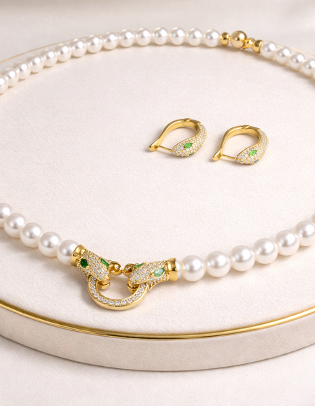 18kt gold polish pearl necklace with matching earring anti tranish anti allergic for grls