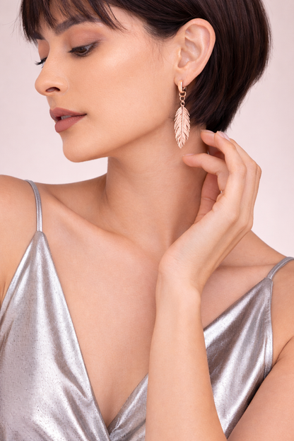 18kt rose gold polish earring with feather anti tranish anti allergic for girls