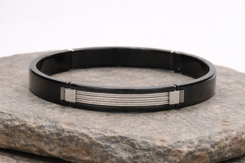 Black Polish Stainless Steel Kada with Silver Rope Anti-Tarnish & Anti-Allergic