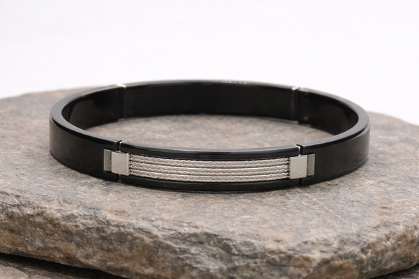 Black Polish Stainless Steel Kada with Silver Rope for Women – Silver