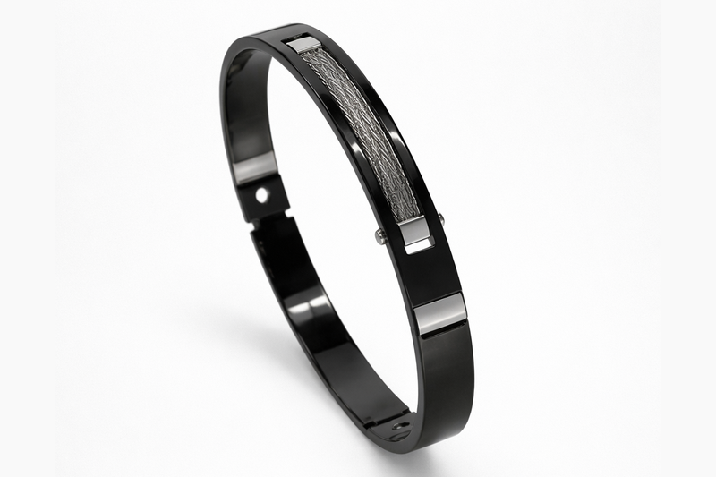 Black Polish Stainless Steel Kada with Silver Rope Anti-Tarnish & Anti-Allergic