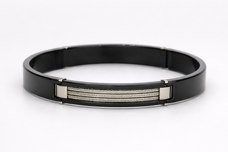 Black Polish Stainless Steel Kada with Silver Rope Anti-Tarnish & Anti-Allergic
