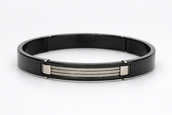 Black Polish Stainless Steel Kada with Silver Rope for Women – Silver