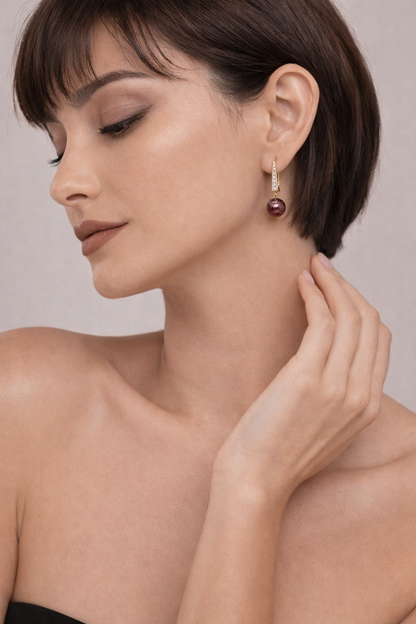18kt gold polish earring with diamond & lavender colour pearl anti tranish anti allergic