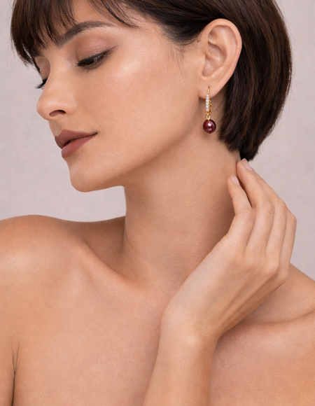 18kt gold polish earring with diamond & lavender colour pearl anti tranish anti allergic