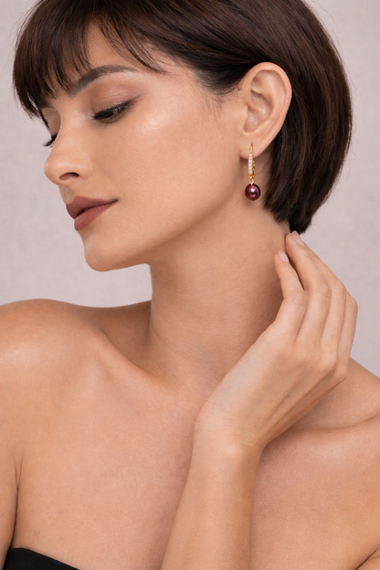 18kt gold polish earring with diamond & lavender colour pearl anti tranish anti allergic