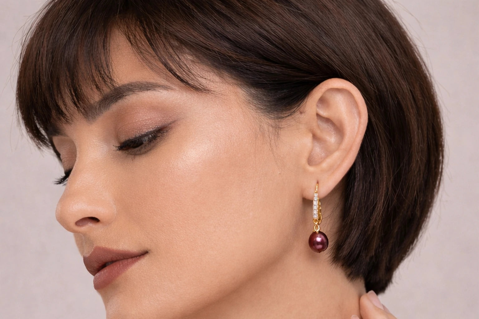 18kt Gold Polish Earring with Diamond & Lavender Colour Pearl Anti-Tarnish & Anti-Allergic