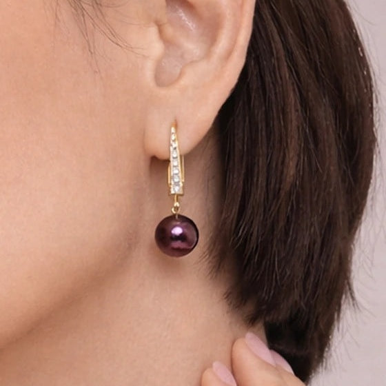18kt Gold Polish Earring with Diamond & Lavender Colour Pearl Anti-Tarnish & Anti-Allergic
