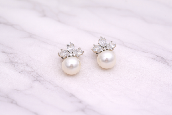 Stainless Steel Earring with Diamond & White Pearl for Women – Silver