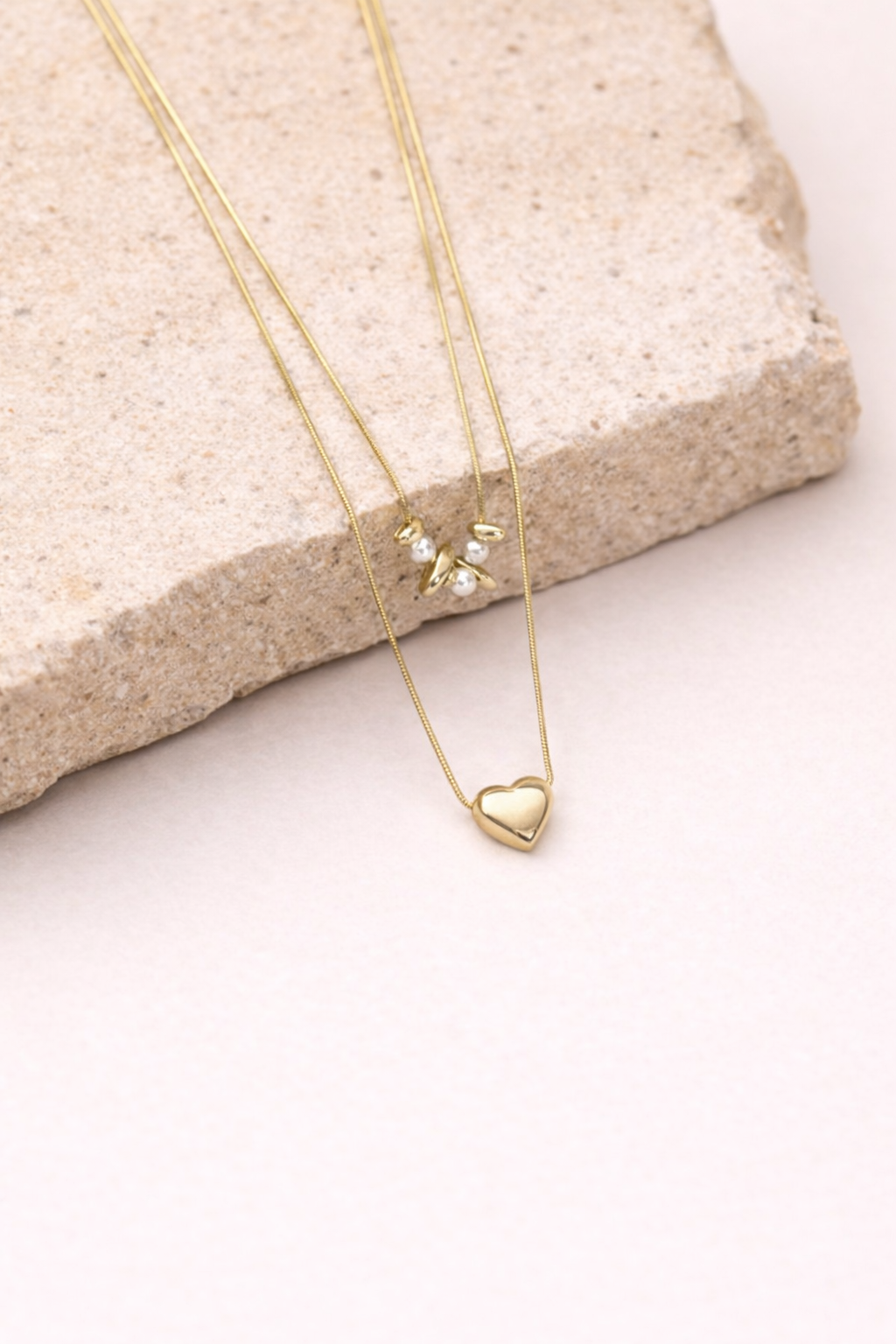 18kt Gold Polish Necklace Double Layered with Pearl & Heart Pendant Anti-Tarnish & Anti-Allergic for Girls