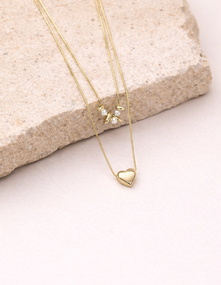 18kt gold polish necklace double layered with pearl & heart pendant anti tranish anti allergic for girls
