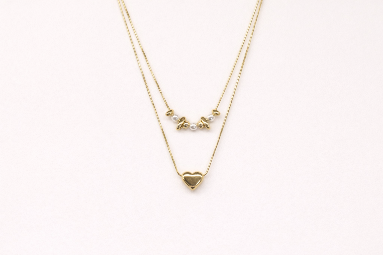 18kt Gold Polish Necklace Double Layered with Pearl & Heart Pendant Anti-Tarnish & Anti-Allergic for Girls