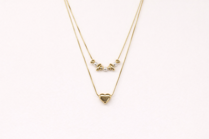 Necklace Double Layered with Pearl & Heart Pendant for Women – 18K Gold Plated