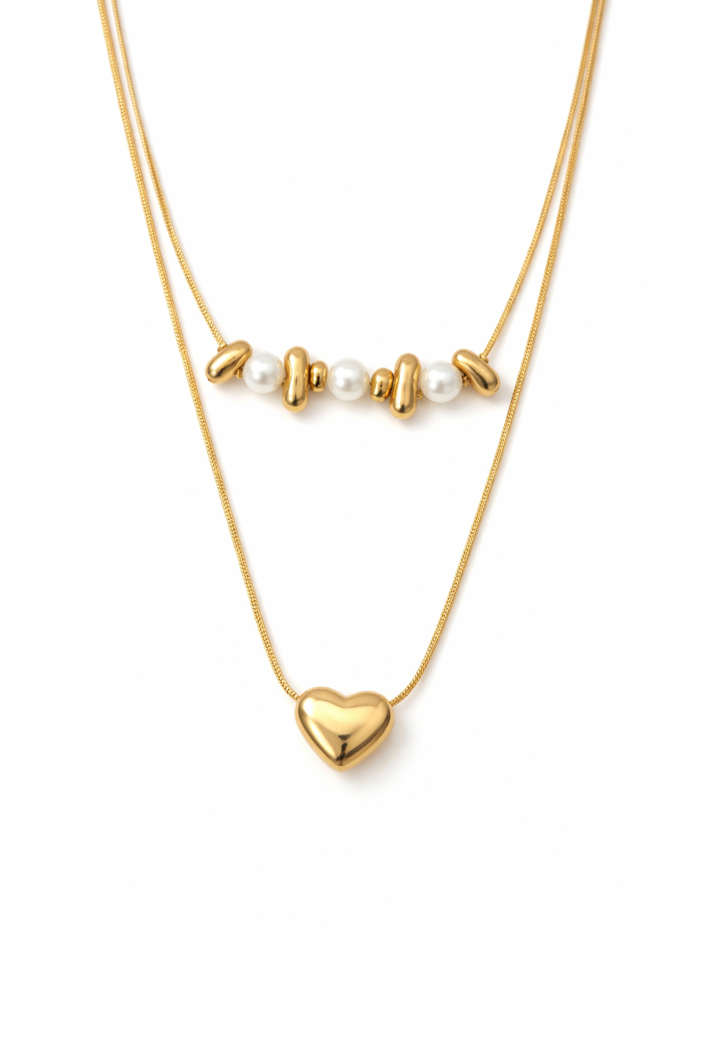 18kt Gold Polish Necklace Double Layered with Pearl & Heart Pendant Anti-Tarnish & Anti-Allergic for Girls