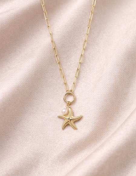 18kt gold polish chain with ocean pearl starfish pendant anti tranish anti allergic for girls