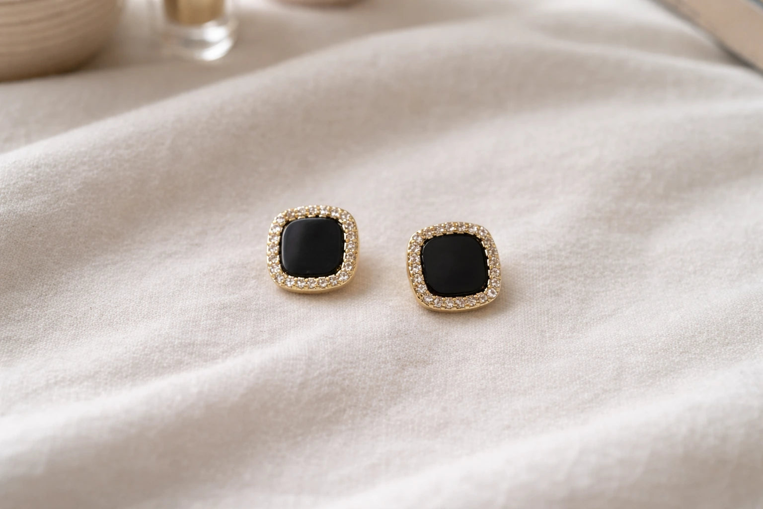 18kt Gold Polish with Black Stone & Diamond Anti-Tarnish & Anti-Allergic Fancy Earring for Girls