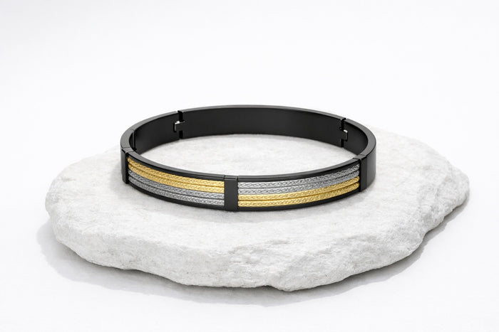 Stylish Black Polish Stainless Steel Triple-Layered Gold, Silver Rope for Men – 18K Gold Plated